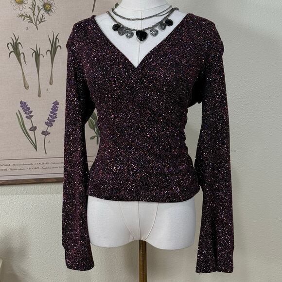 Vintage Pink Glitter Crossover Wrap Flare Sleeve Top Party Whimsigoth 90s Goth M - Picture 2 of 8